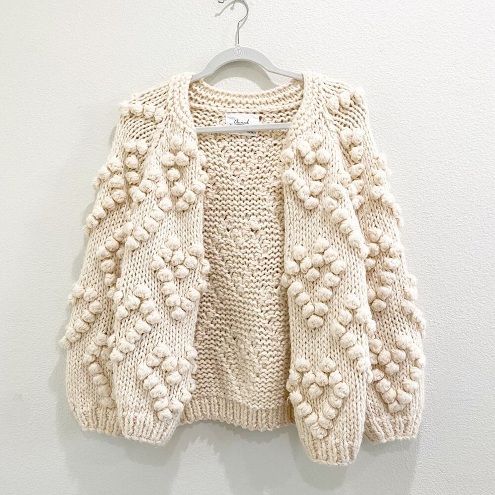 revolve chic wish pom pom open front knit cream cardigan small/medium
